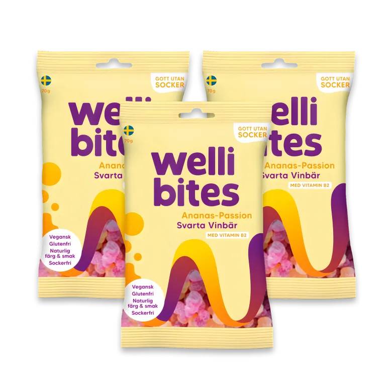 3 x Wellibites Candy 70 g Ananas-Passion & Svarta vinbär